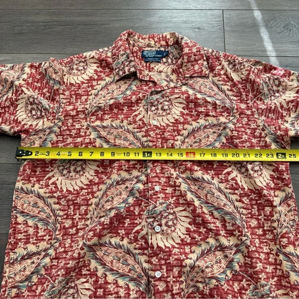 Polo Ralph Lauren Vintage Camp Shirt Men's L Linen Blend Pineapple Floral Red